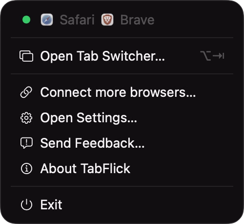 TabFlick menu bar: connected browsers, open the switcher, connect more browsers, settings