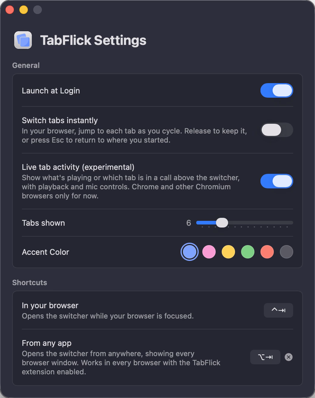 TabFlick Settings: launch at login, instant switching, live tab activity, tabs shown, accent colour and both shortcuts