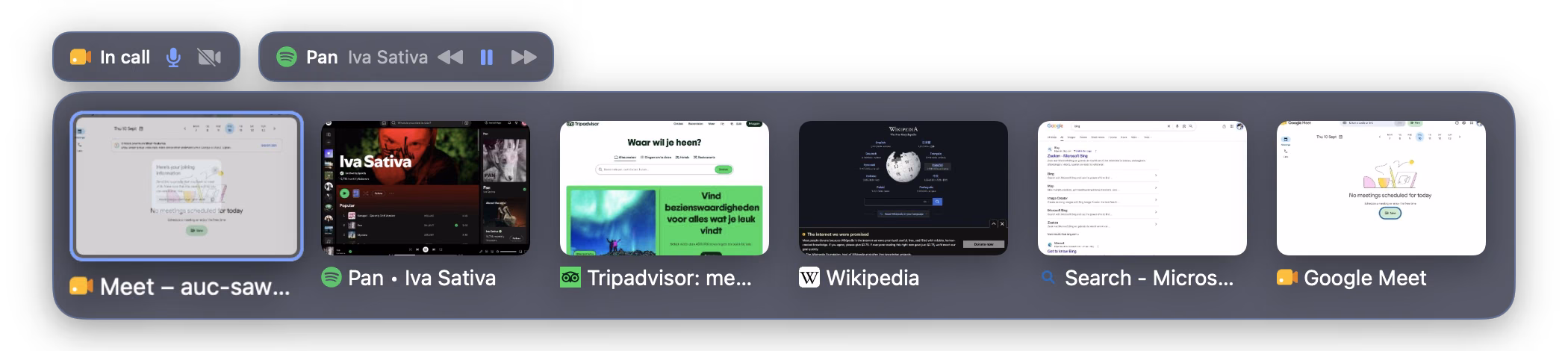 The switcher with live tab activity above it: an in-call badge with mic and camera controls, and a Spotify badge with transport controls
