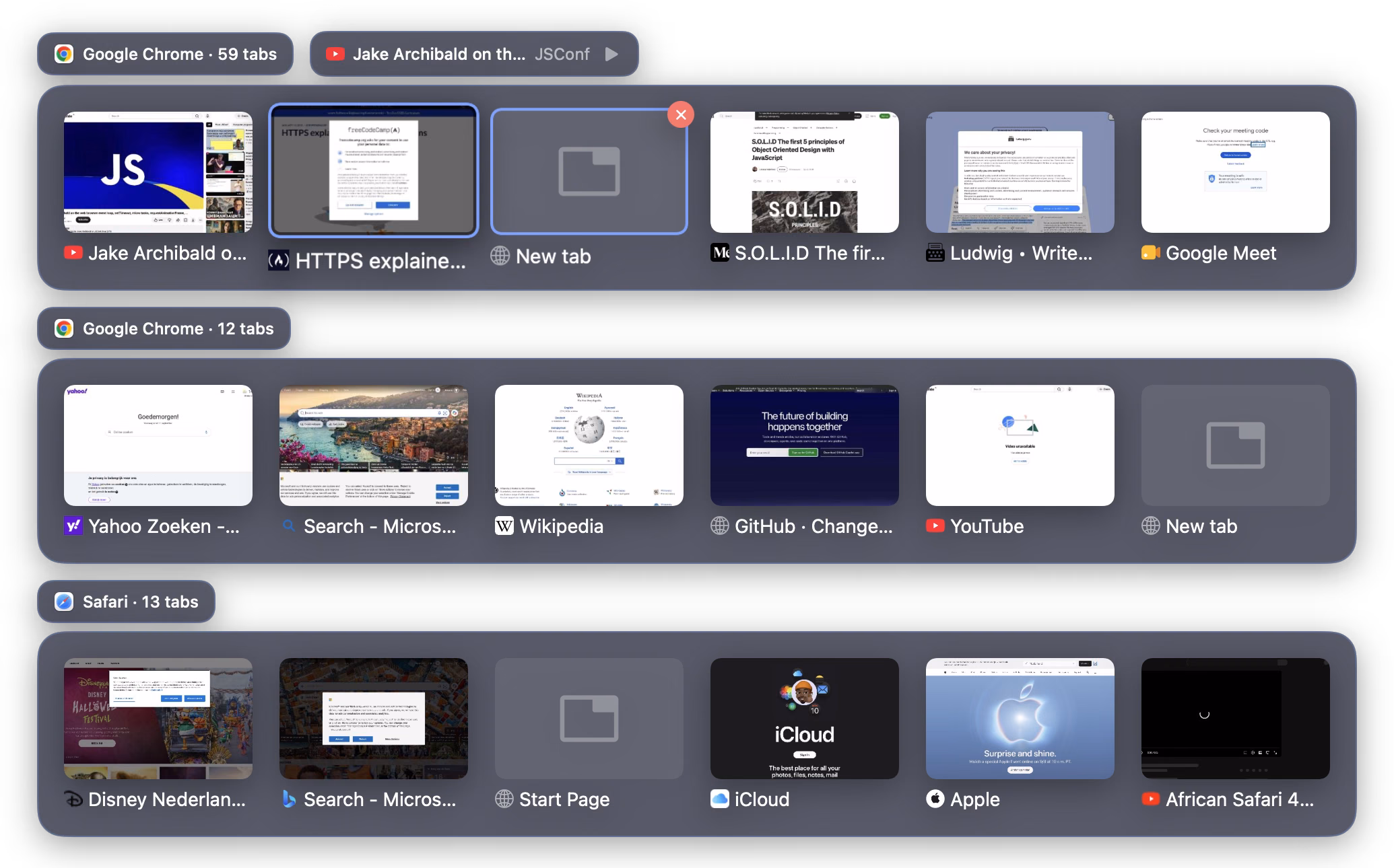 The switcher over the desktop with three strips: two Chrome windows and a Safari window, each labelled with its browser and tab count