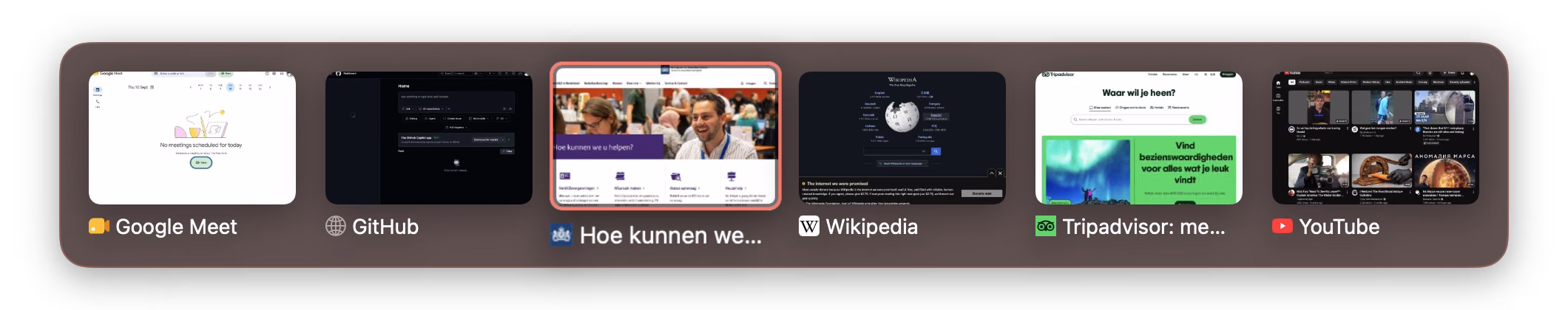 The TabFlick switcher over a browser page, six recent tabs as live previews with one selected